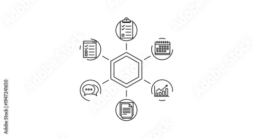 Business Strategy Concept: Central Hub with Icons for Planning, Data, Communication, and Tasks