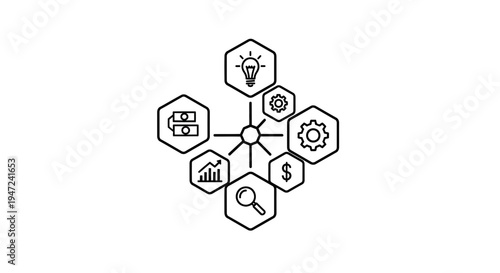 Business Strategy Concept: Hexagonal Icons Representing Growth, Ideas, Finance, and Analysis