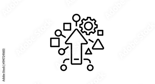Business Strategy Growth Arrow with Gears and Shapes Icon