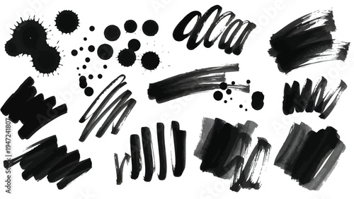 Assorted black metal bolts, nuts, and washers in various sizes and styles Vector