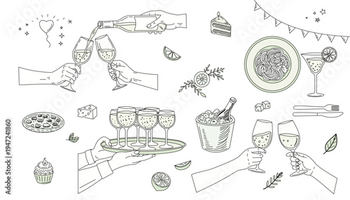 Italian food and hand drawn doodle collection with champagne glasses, pasta, pizza and party elements, line art vector illustration isolated on transparent background for cafe or restaurant menus.