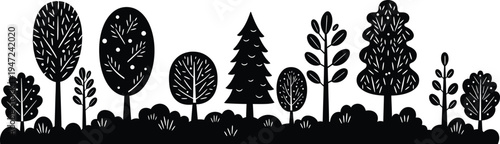 Black silhouette of various trees on a white background landscape design element