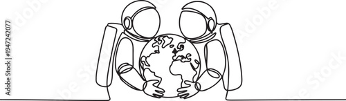 Single continuous line drawing two astronauts hugging globe. Best message from a spaceman: Protect the earth with all efforts. Re-green beloved earth. Save planet. One line draw graphic design vector