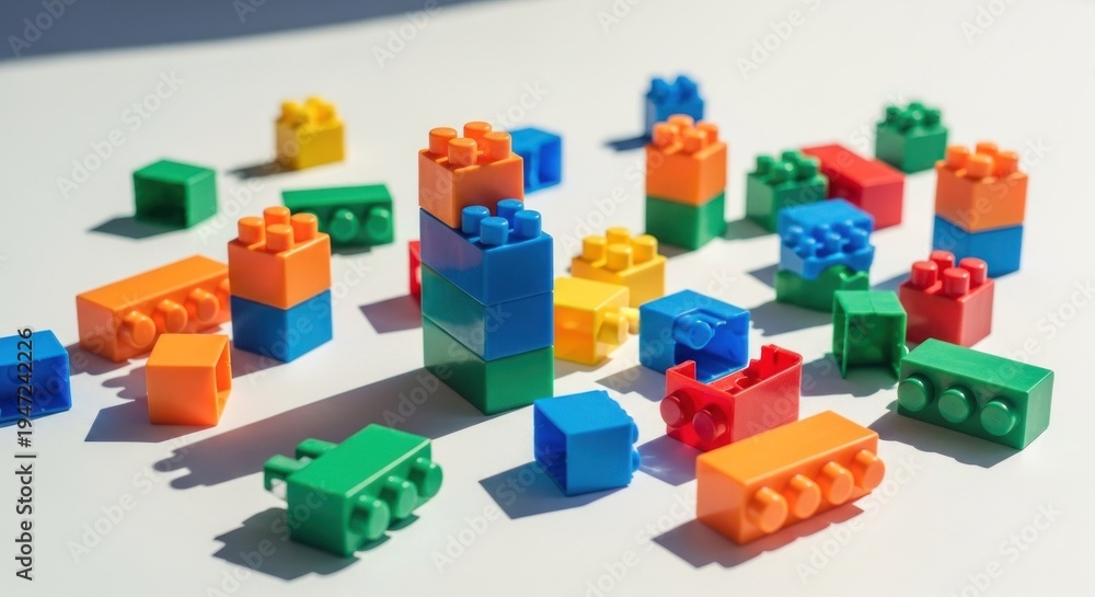 Naklejka premium Colorful Building Blocks Scattered on White Surface for Creative Play.