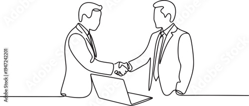 Businessmen handshaking with notebook in continuous one line drawing. Simple line art illustration of online business agreement concept. One line draw graphic design vector