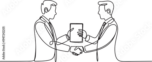 Businessmen handshaking with notebook in continuous one line drawing. Simple line art illustration of online business agreement concept. One line draw graphic design vector