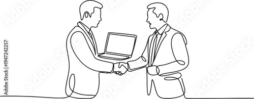 Businessmen handshaking with notebook in continuous one line drawing. Simple line art illustration of online business agreement concept. One line draw graphic design vector