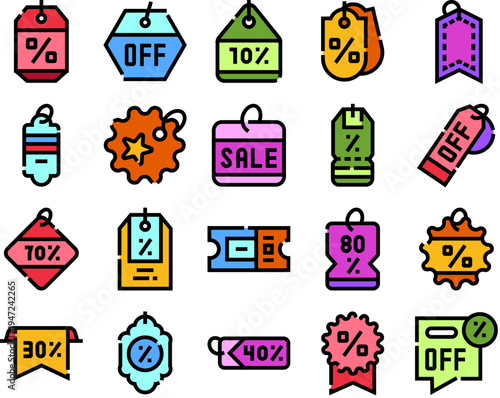 Variety of colorful outline icons representing different discount percentages, promotional offers, and special sale price tags for retail shopping campaigns