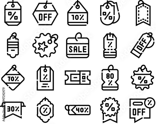 Collection of line art icons depicting various shopping sale, discount, and promotional tags, labels, and coupons, representing commerce and e commerce concepts