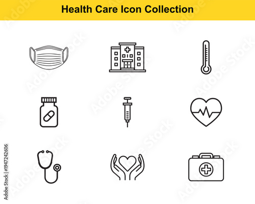 Health Care Icon Collection with 9 line vector elements. Minimalist medical icons featuring face mask, hospital building, thermometer, medicine bottle, syringe, heart rate