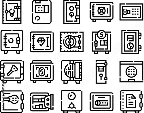 Collection of safes and vaults icons illustrating secure storage, protection, wealth, and financial safety within banking and personal security concepts