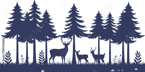 Deer and fawns in forest with tall evergreen trees and foliage