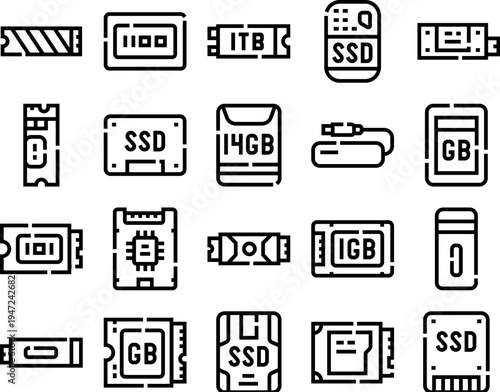 Computer data storage devices collection featuring solid state drives, flash memory, and other digital components, illustrating the diverse hardware used for saving and accessing information