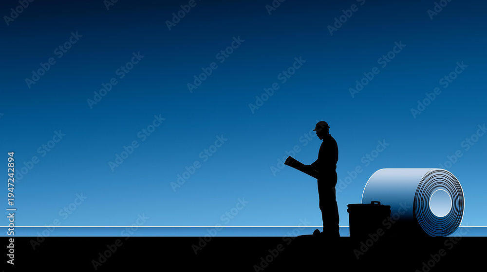 Fototapeta premium Contractor reviewing blueprint roll beside toolbox on construction worksite ground with focused practical mood and negative space