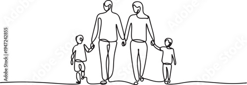continuous line drawing of family of four walking holding their children on hands. One line draw graphic design vector