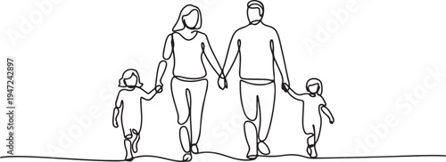 continuous line drawing of family of four walking holding their children on hands. One line draw graphic design vector