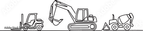 continuous line.Construction equipment . Special machines. Construction machinery. Forklifts, excavators, tractors, bulldozers, concrete mixers. One line draw graphic design vector