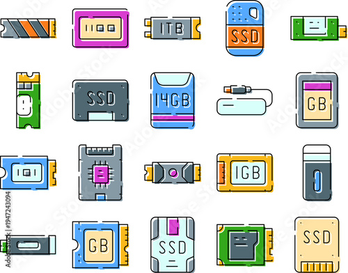Collection of various computer hardware storage devices and components, displaying different types of ssd, ram, memory cards, and usb flash drives for digital data solutions