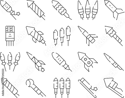 Pyrotechnics and firecrackers collection depicting various rocket shapes and designs, symbolizing celebration, festive events, and explosive entertainment in a modern line art style