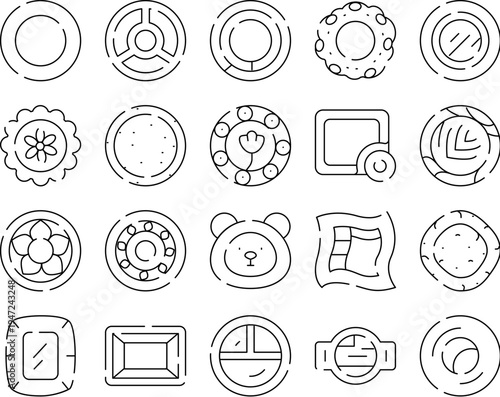 Plate, dish and bowl line art icon set showcasing assorted dinnerware shapes, patterns and styles for home and restaurant use minimal vector illustrations on white background