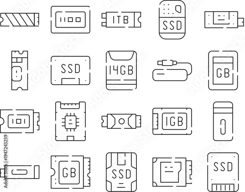 Computer hardware elements representing digital information management, showing various components for memory, flash drives, solid state drives, and other electronic data storage solutions