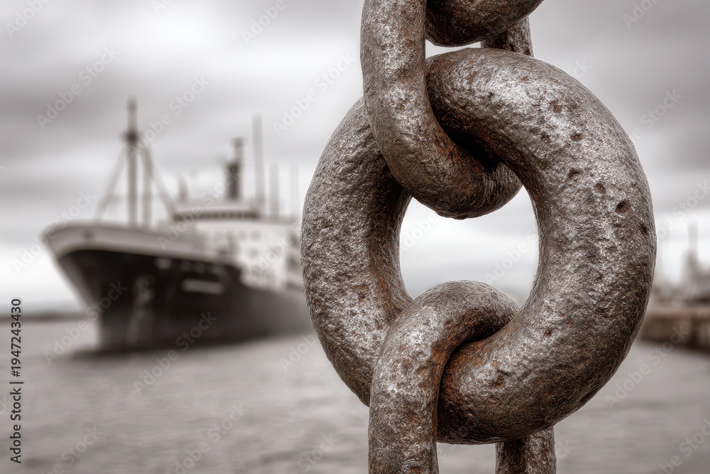 Naklejka premium An evocative image showing a close-up of a weathered chain, with a vintage ship in the soft, blurred background creating a sense of history and maritime connection.