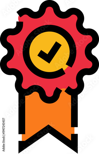 Gold medal and ribbon with a check mark symbol representing excellent quality, guaranteed approval, successful achievement, and certified standard compliance