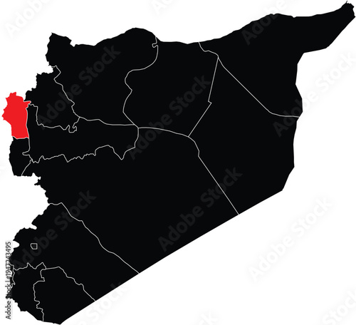 Latakia Governorate Highlighted on Syria Map with Regions, Editable Vector