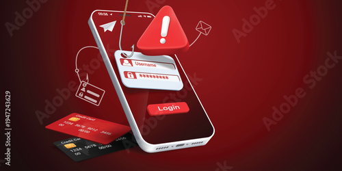 Financial fraud and credit card scam alert concept with 3D smartphone, fake banking interface, payment warning notification, phishing cyber crime attack, online theft and security risk illustration.