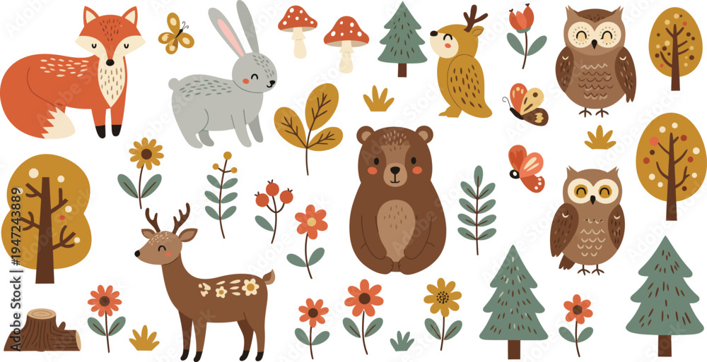 Fototapeta premium Whimsical forest animals and foliage illustrations in autumn colors on white background