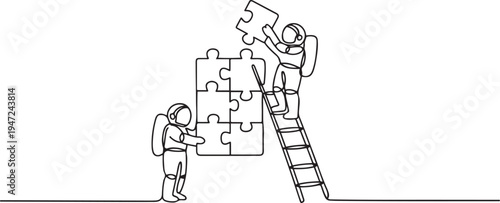 Continuous one line drawing two astronauts teamwork to put together a square puzzle, one of them climbs ladder holding up a piece of the puzzle. One line draw graphic design vector