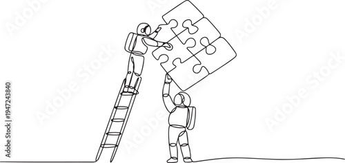 Continuous one line drawing two astronauts teamwork to put together a square puzzle, one of them climbs ladder holding up a piece of the puzzle. One line draw graphic design vector