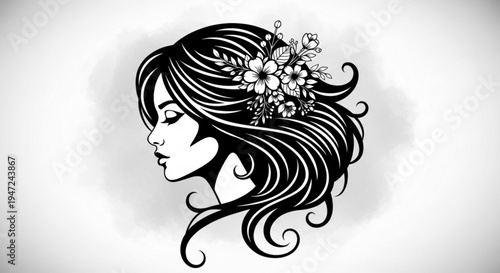 A minimalist vector illustration of a woman's face with flowers in her hair