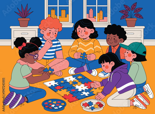 Group of Diverse Kids Sitting on Floor Putting Together Puzzle Promoting Teamwork and Educational Fun