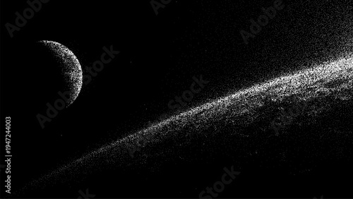 Moon orbiting planet with ring system represented by stipple art style. Cosmos background created with dot pattern technique. Outer space illustration for science and astronomy design.