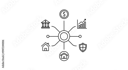 Financial Hub: Icons of Banking, Home, Shield, and Growth Connected to Center
