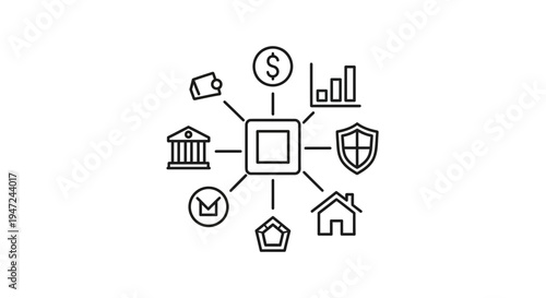 Financial Services Hub: Icons Representing Banking, Insurance, Home, Investment, and Wallet