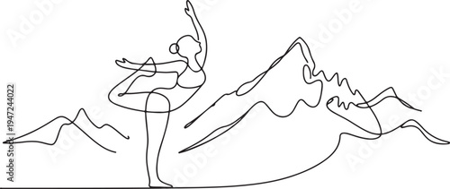Continuous one line drawing woman doing yoga outdoors. High mountain. Girl yogi standing on one leg. Mountain landscape. One line draw graphic design vector