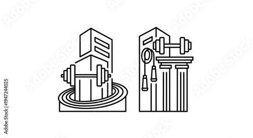 Fitness Building Icon: Gym Equipment and Architecture Elements