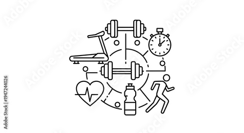 Fitness and Health Icons: Dumbbells, Treadmill, Heartbeat, Stopwatch, Water Bottle, Runner