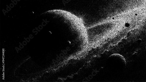 Abstract space background with planet and ring created in stipple art style. Minimalist universe illustration with dots for cosmic graphic design, celestial wallpaper and science art.