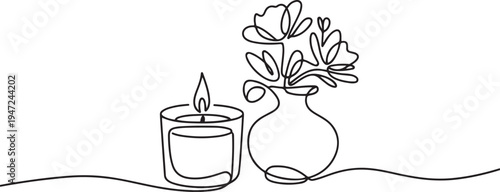 Continuous single line sketch drawing of aromatic spa candle and beautiful flower vase pot. One line draw graphic design vector