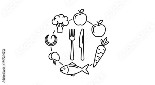 Healthy Food Circle Icon Set: Fruits, Vegetables, Fish, and Utensils