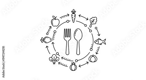 Healthy Food Circle Icons with Fork and Spoon in Center, Healthy Eating Concept