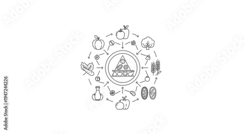 Healthy Food Pyramid Diagram with Fresh Ingredients and Circular Arrows