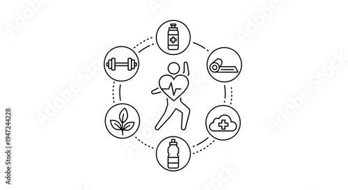 Healthy Lifestyle Concept: Fitness, Nutrition, and Well-being Icons