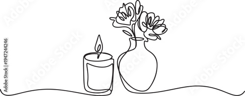 Continuous single line sketch drawing of aromatic spa candle and beautiful flower vase pot. One line draw graphic design vector