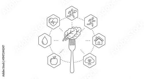 Healthy Lifestyle Concept: Fork with Salad Surrounded by Icons of Fitness, Water, Apple, Home, and Weather