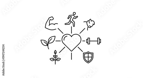 Healthy Lifestyle Concept: Heart with Icons of Fitness, Nutrition, Strength, and Wellbeing