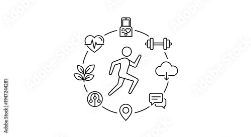 Healthy Lifestyle: Running Man Icon Surrounded by Wellness, Fitness, and Technology Icons